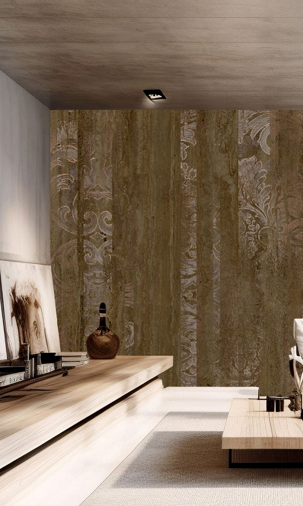 Dark Brown Floral Wood Pane Curtain Mural Wallpaper M2619 - Sample