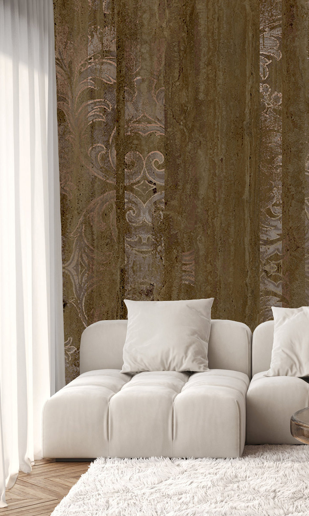 Dark Brown Floral Wood Pane Curtain Mural Wallpaper M2619 - Sample