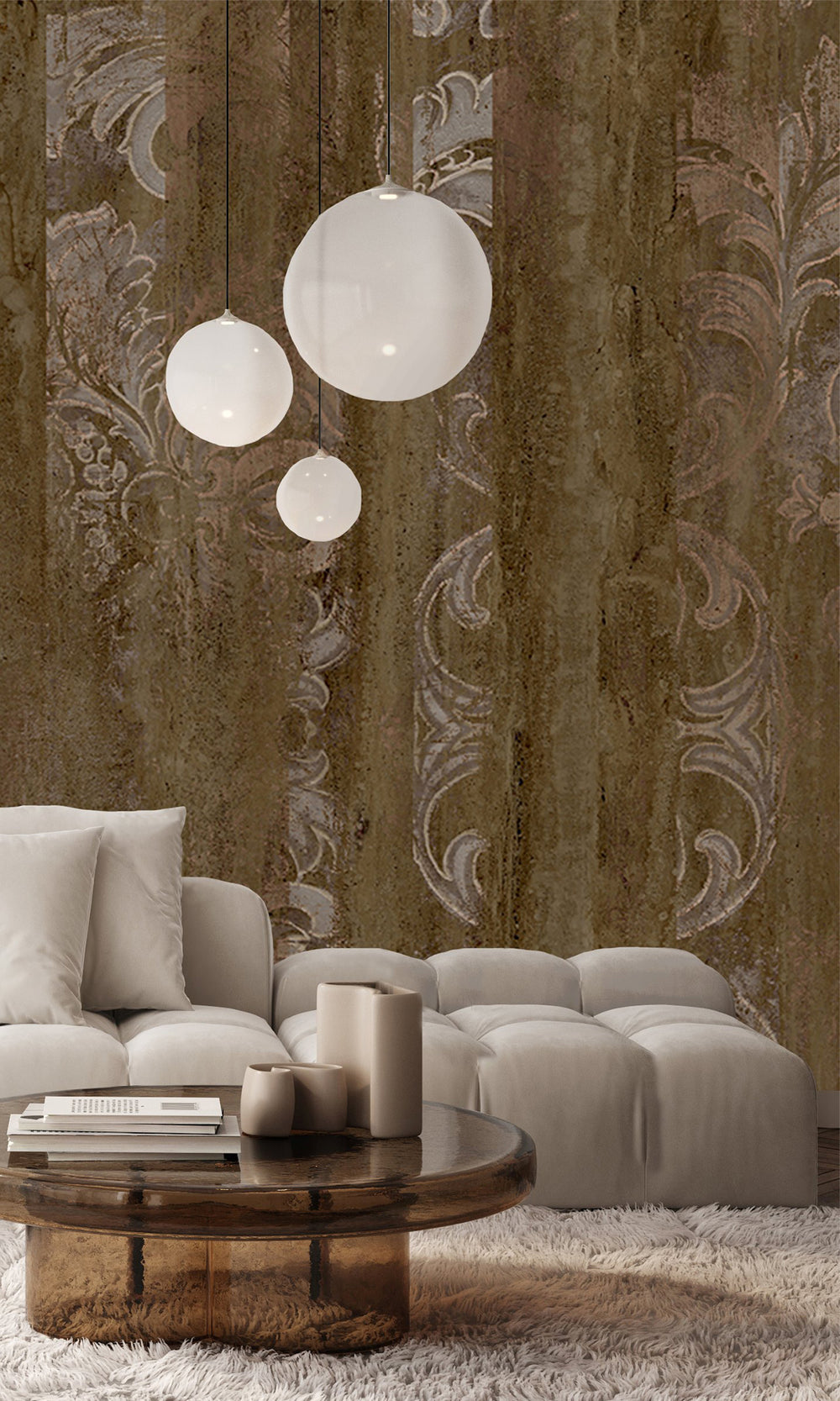 Dark Brown Floral Wood Pane Curtain Mural Wallpaper M2619 - Sample