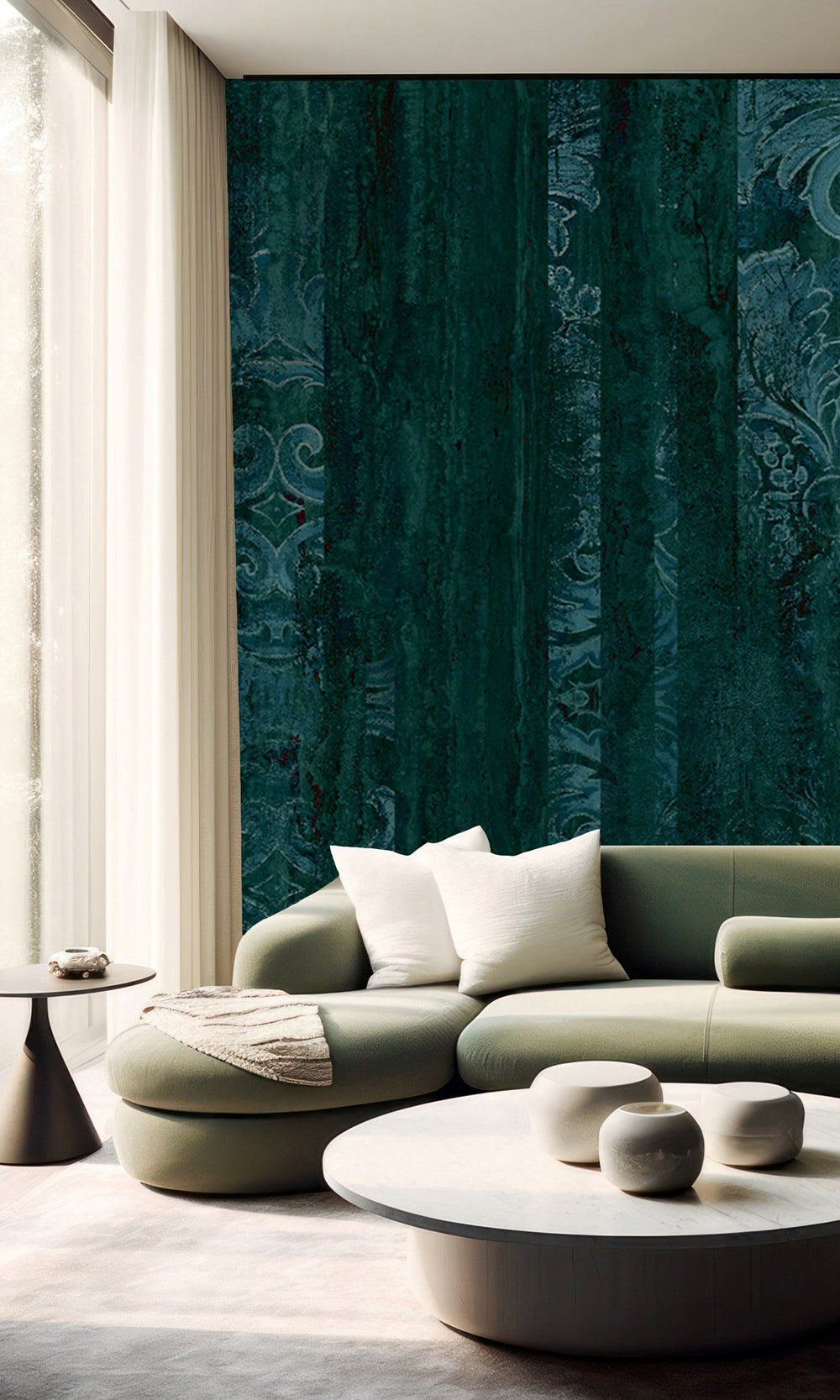 Navy Blue Floral Wood Pane Curtain Mural Wallpaper M2620 - Sample