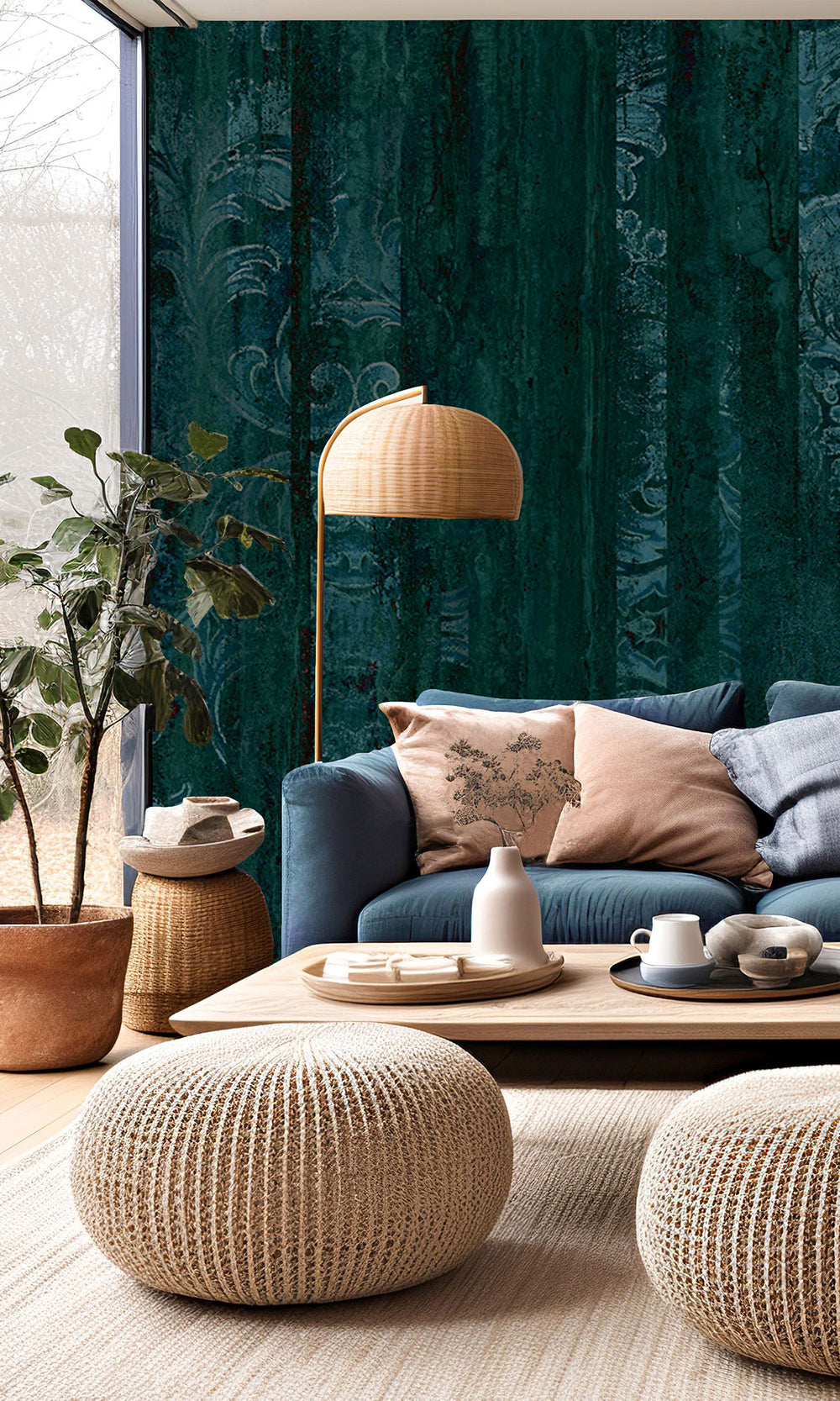 Navy Blue Floral Wood Pane Curtain Mural Wallpaper M2620 - Sample
