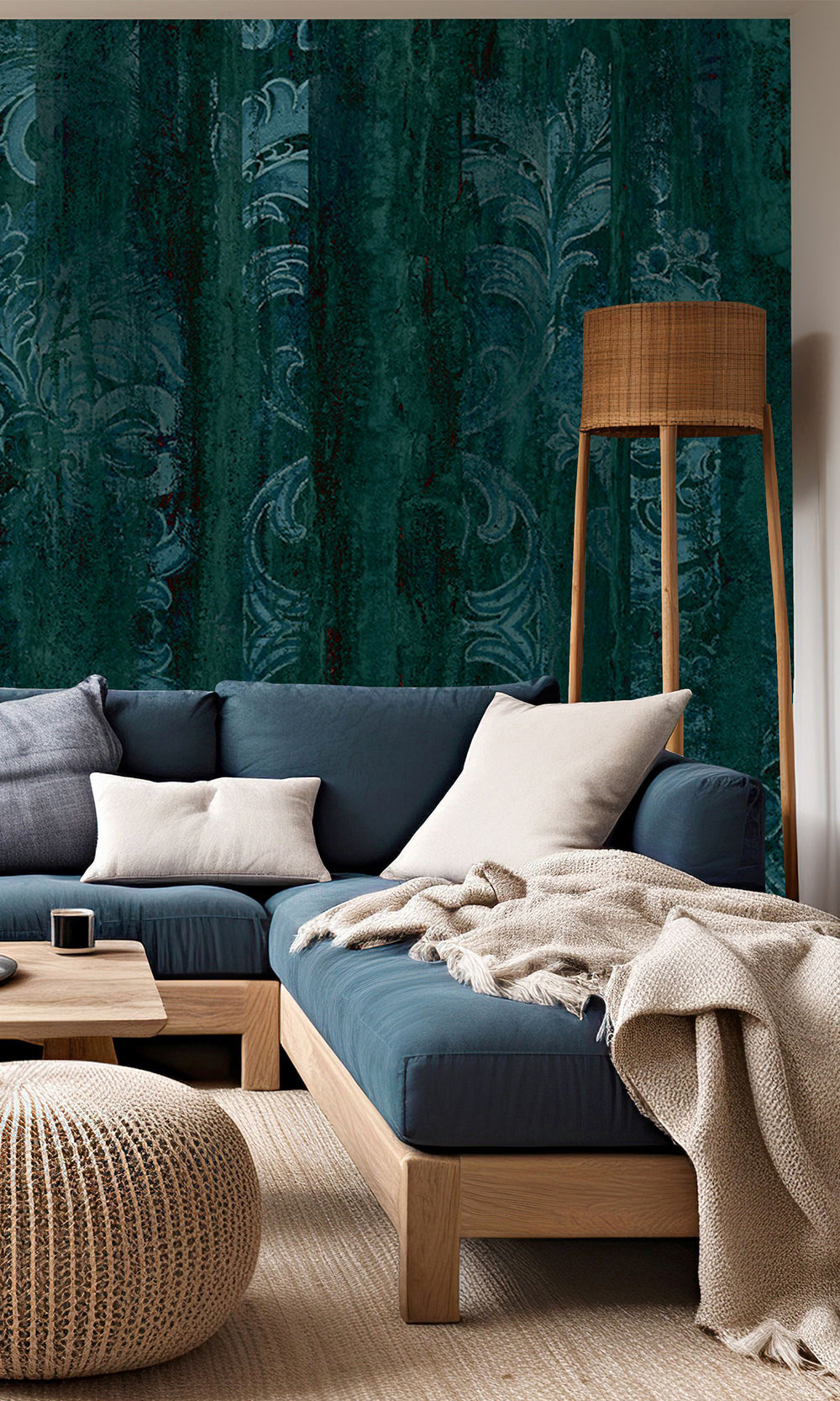 Navy Blue Floral Wood Pane Curtain Mural Wallpaper M2620 - Sample