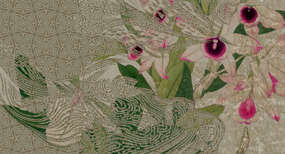 Khaki Green Tropical Orchid Mosaic Wall Mural M2621
