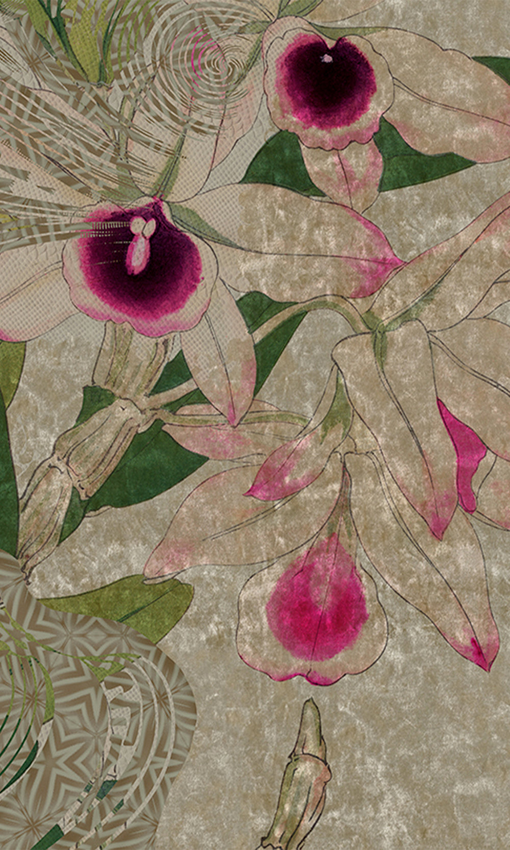 Khaki Green Tropical Orchid Mosaic Wall Mural M2621