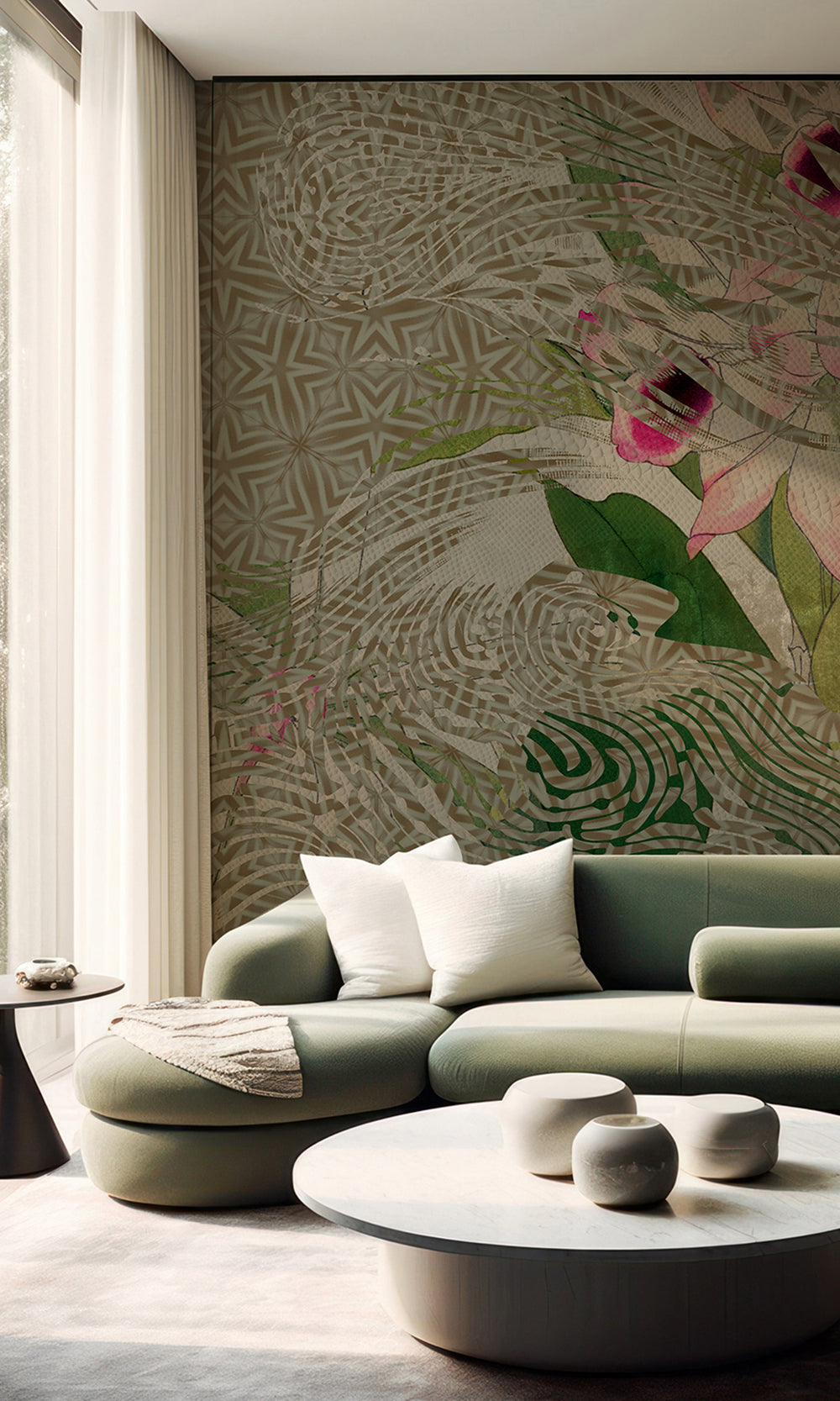 Khaki Green Tropical Orchid Mosaic Wall Mural M2621