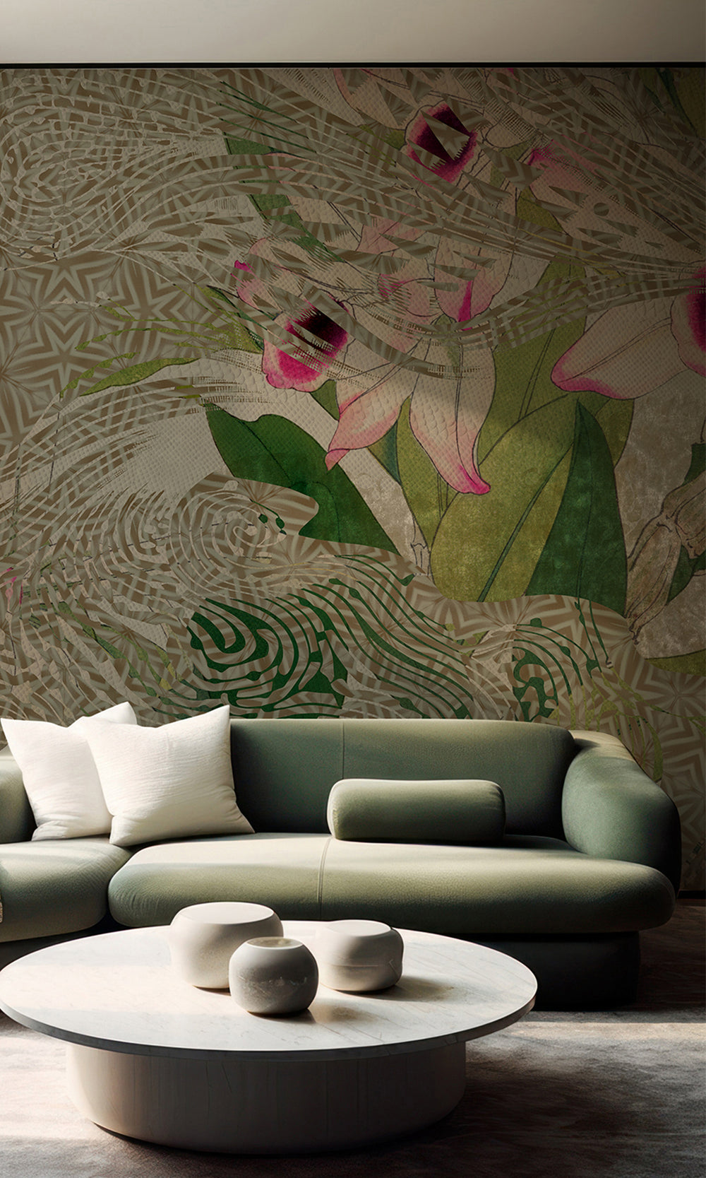 Khaki Green Tropical Orchid Mosaic Wall Mural M2621