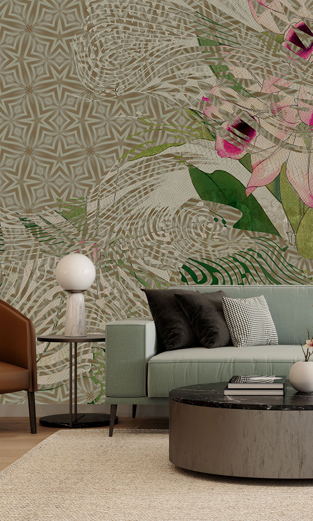 Khaki Green Tropical Orchid Mosaic Wall Mural M2621