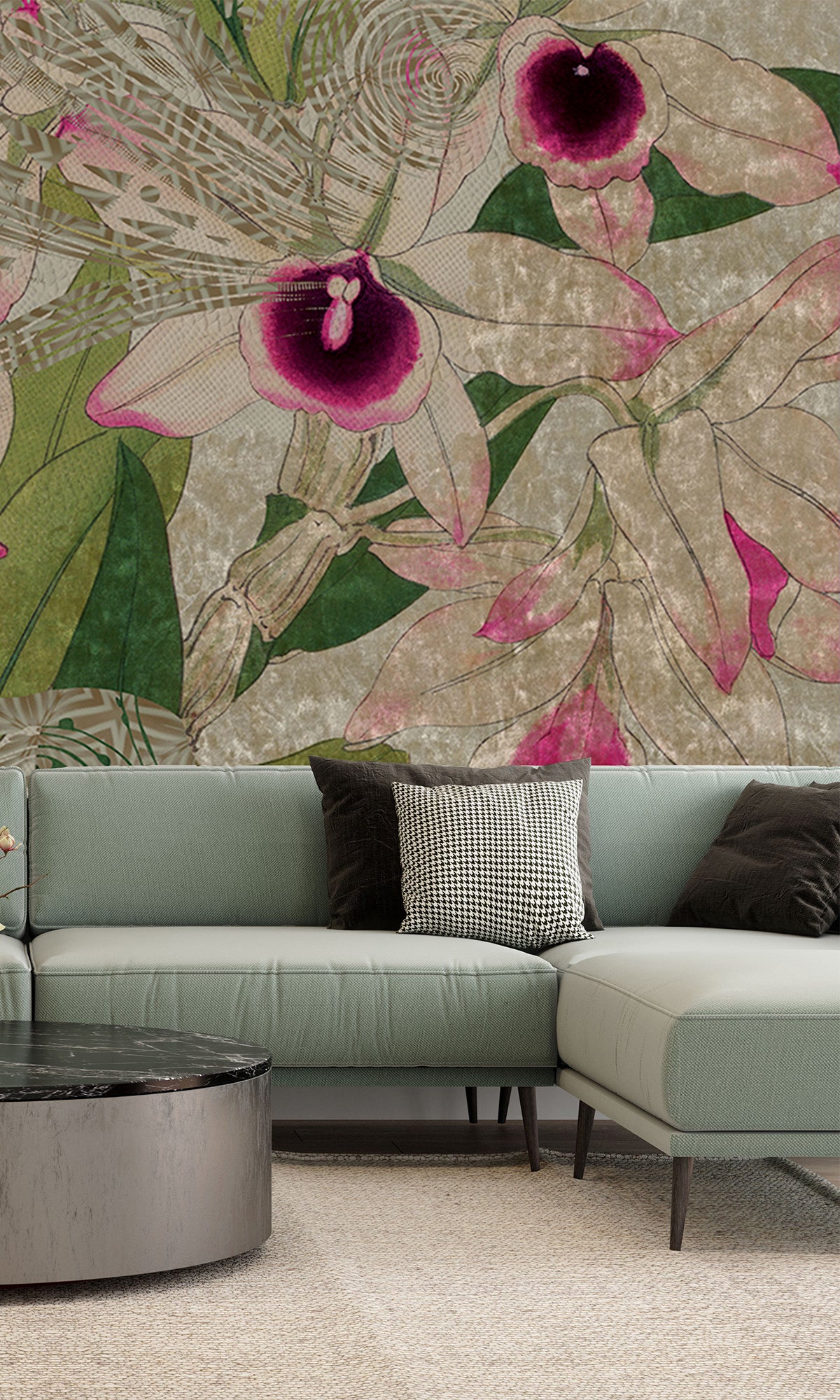 Khaki Green Tropical Orchid Mosaic Mural Wallpaper M2621