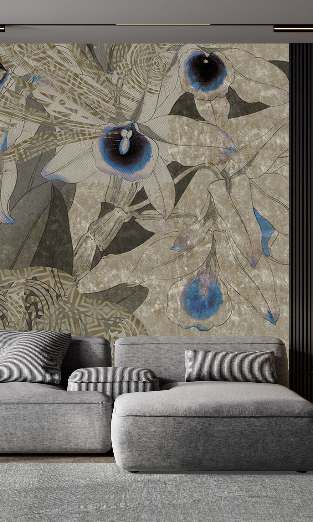 Khaki Navy Tropical Orchid Mosaic Mural Wallpaper M2622 - Sample