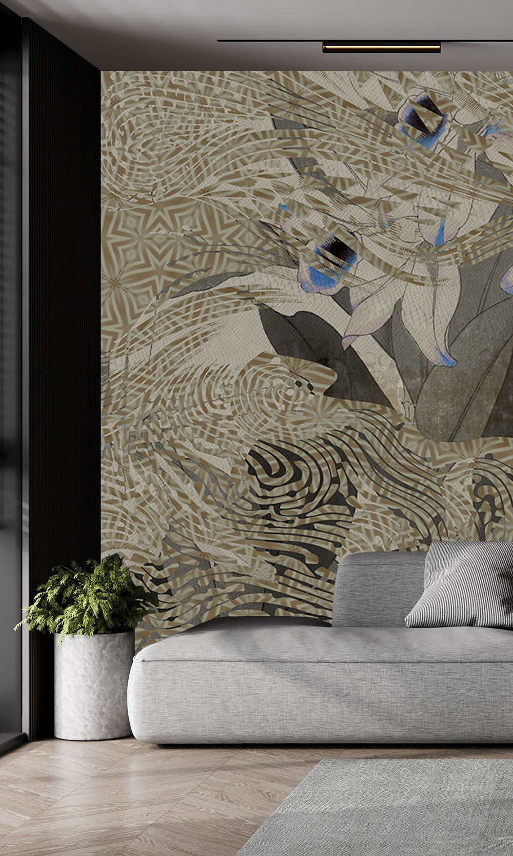 Khaki Navy Tropical Orchid Mosaic Mural Wallpaper M2622 - Sample