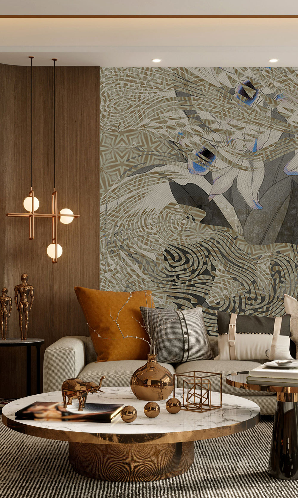 Khaki Navy Tropical Orchid Mosaic Mural Wallpaper M2622 - Sample