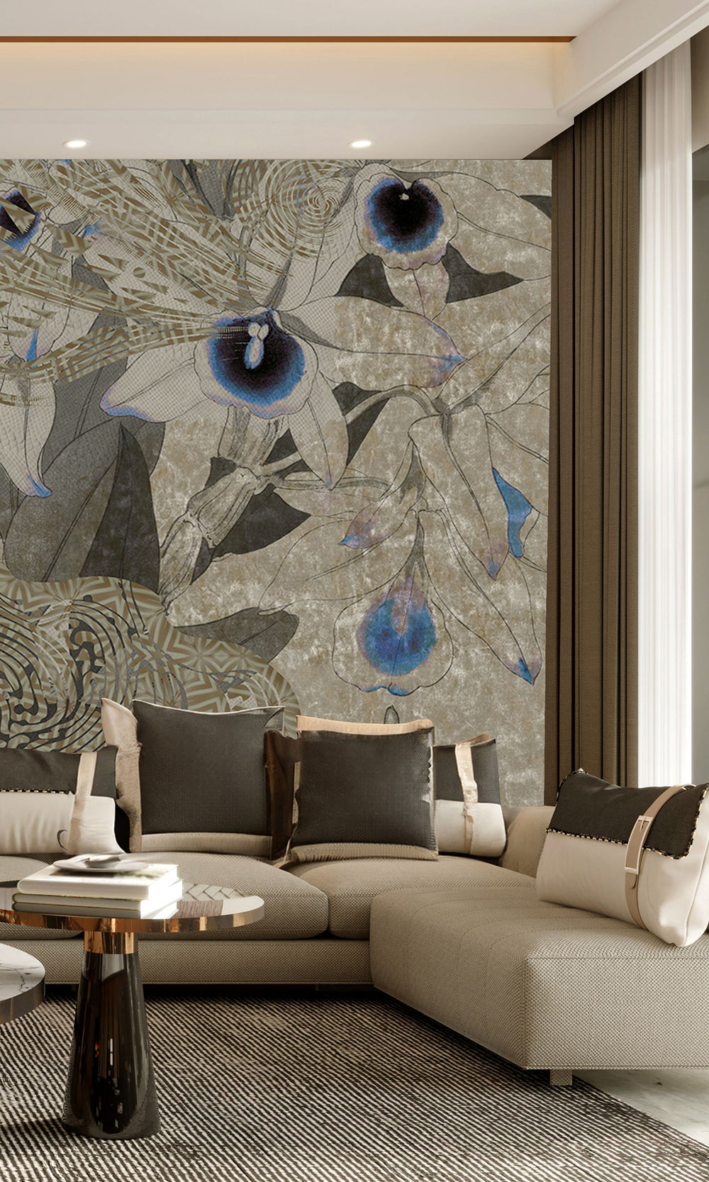 Khaki Navy Tropical Orchid Mosaic Mural Wallpaper M2622 - Sample