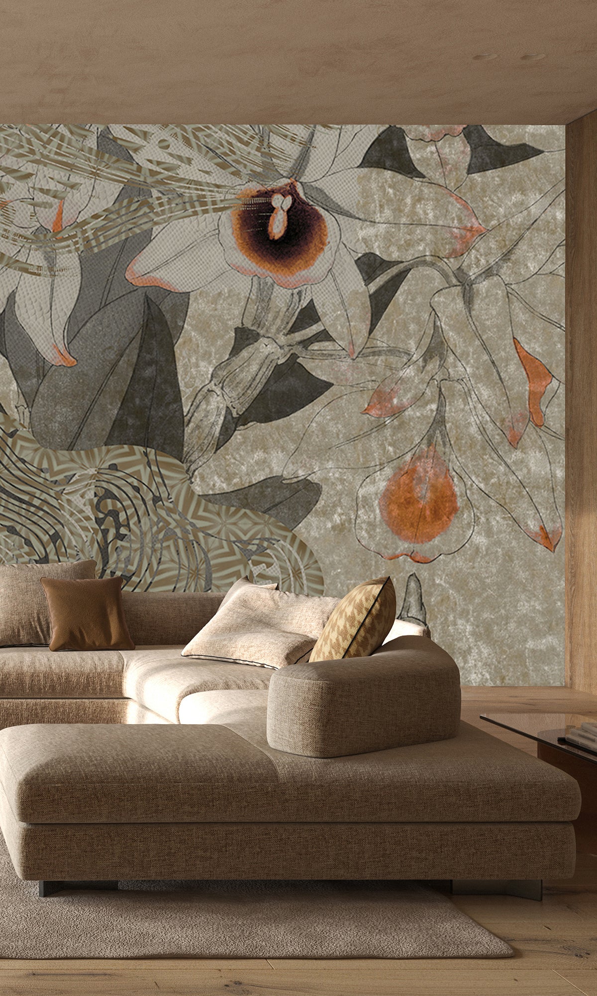 Khaki Ochre Tropical Orchid Mosaic Mural Wallpaper M2623