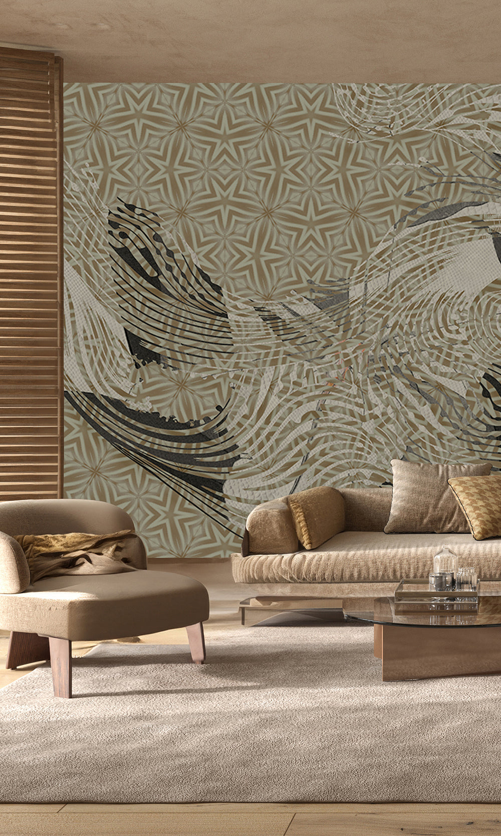 Khaki Ochre Tropical Orchid Mosaic Wall Mural M2623