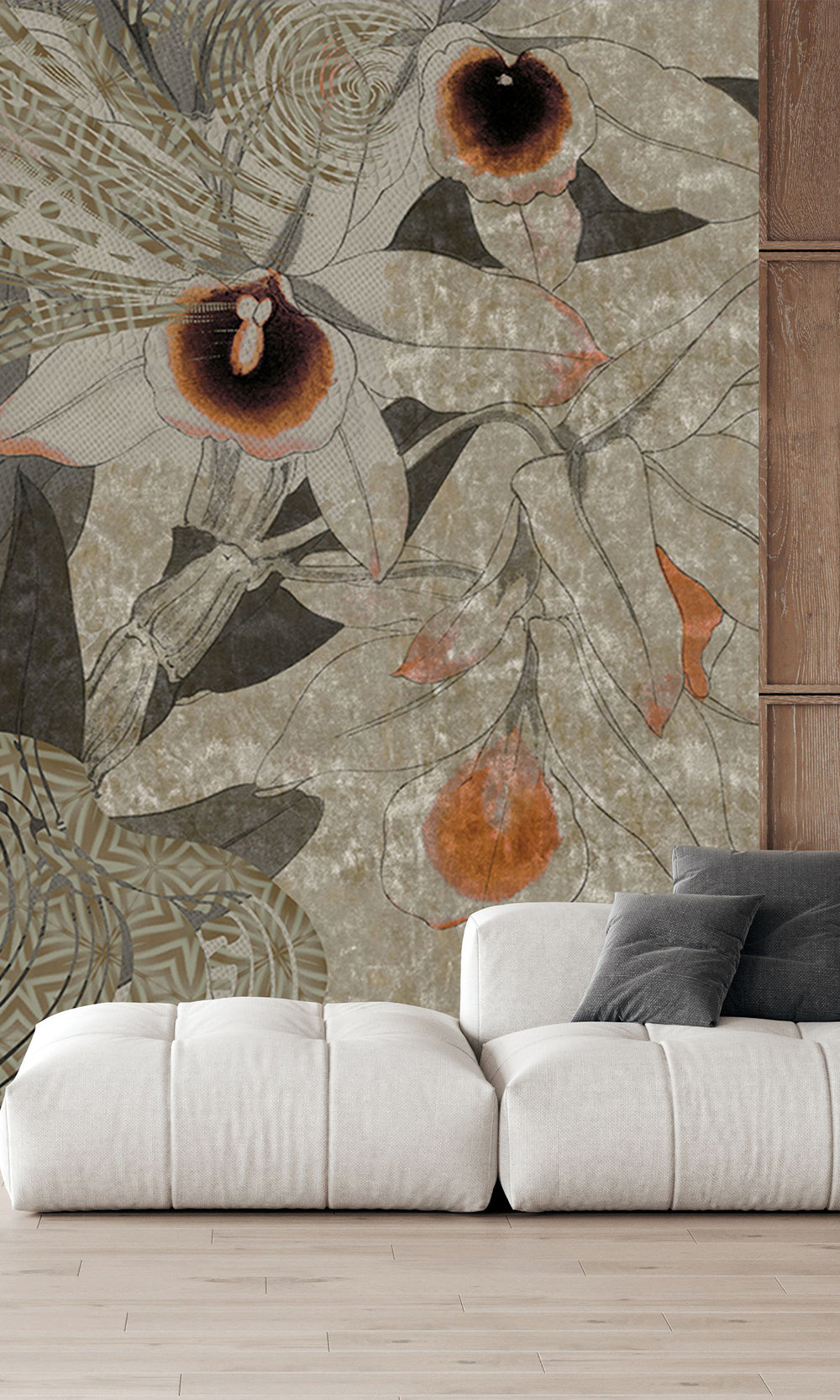 Khaki Ochre Tropical Orchid Mosaic Wall Mural M2623