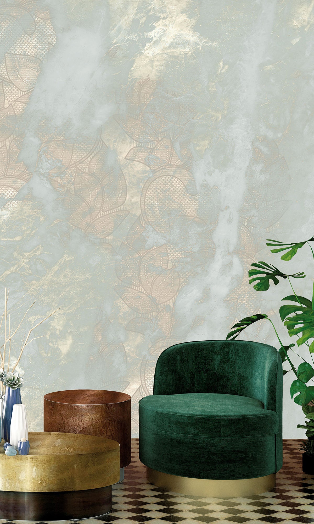 Pastel Aqua Marbled Floral Abstract Mural Wallpaper M2625