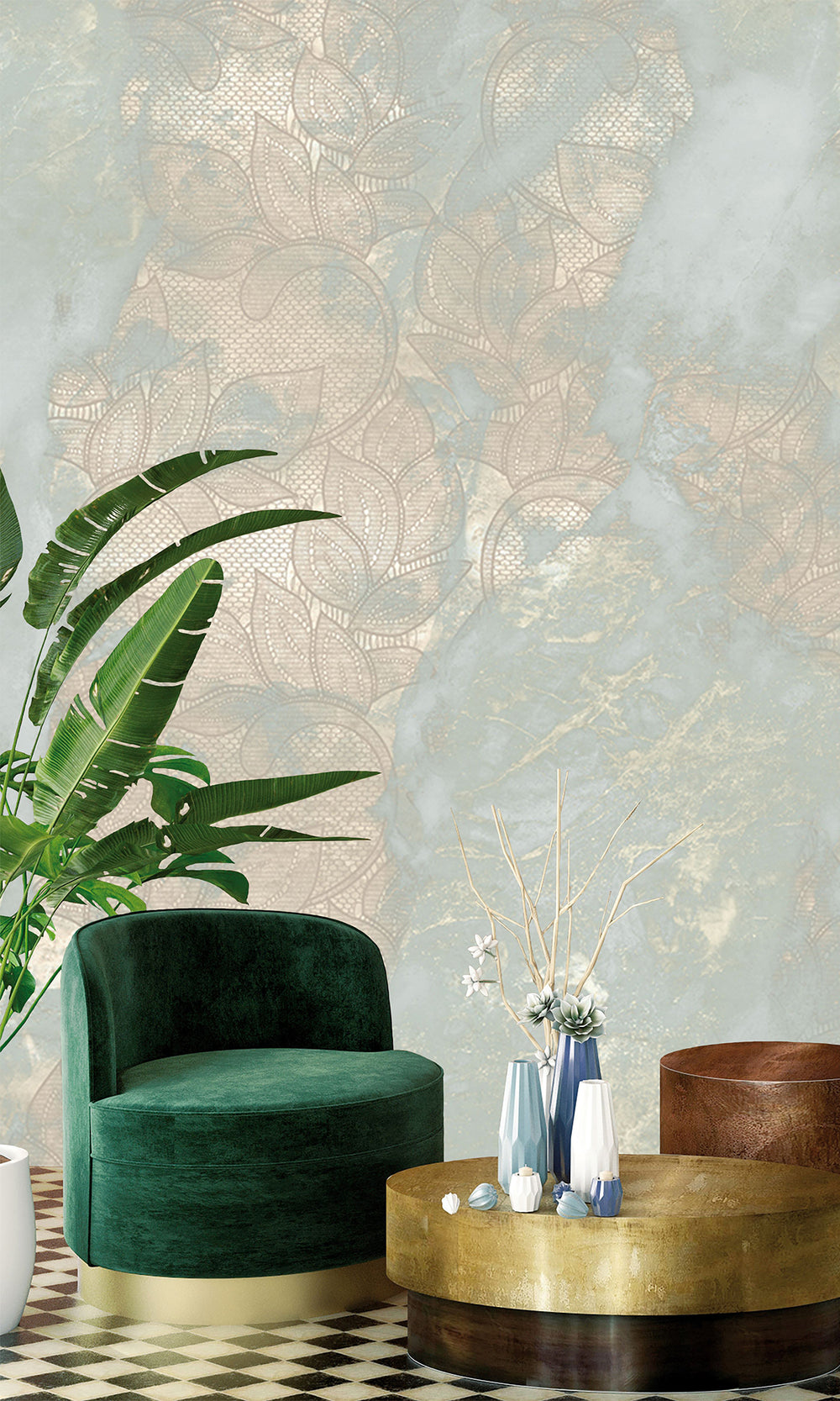 Pastel Aqua Marbled Floral Abstract Wall Mural M2625
