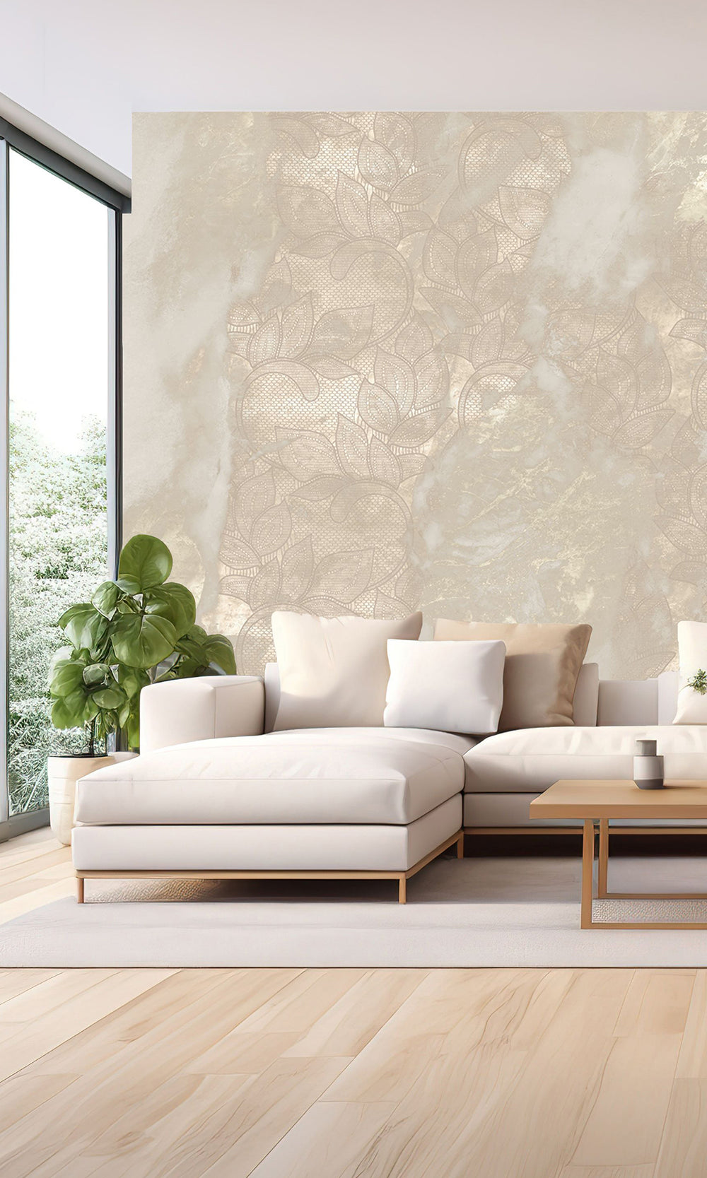 Pastel Beige Marbled Floral Abstract Wall Mural M2626