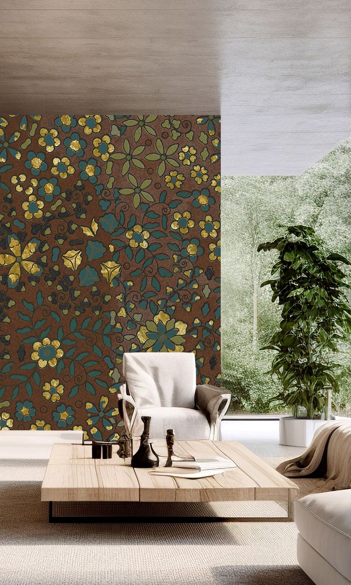 Chocolate Brown Embossed Floral Mural Wallpaper M2628