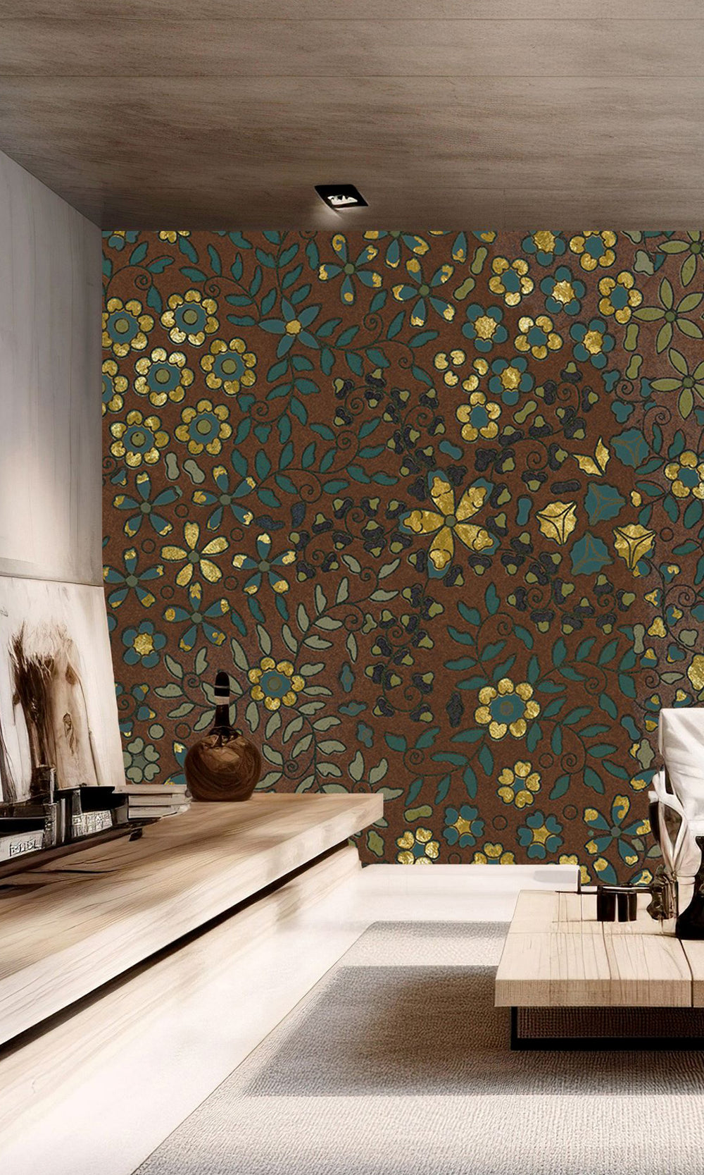 Chocolate Brown Embossed Floral Mural Wallpaper M2628