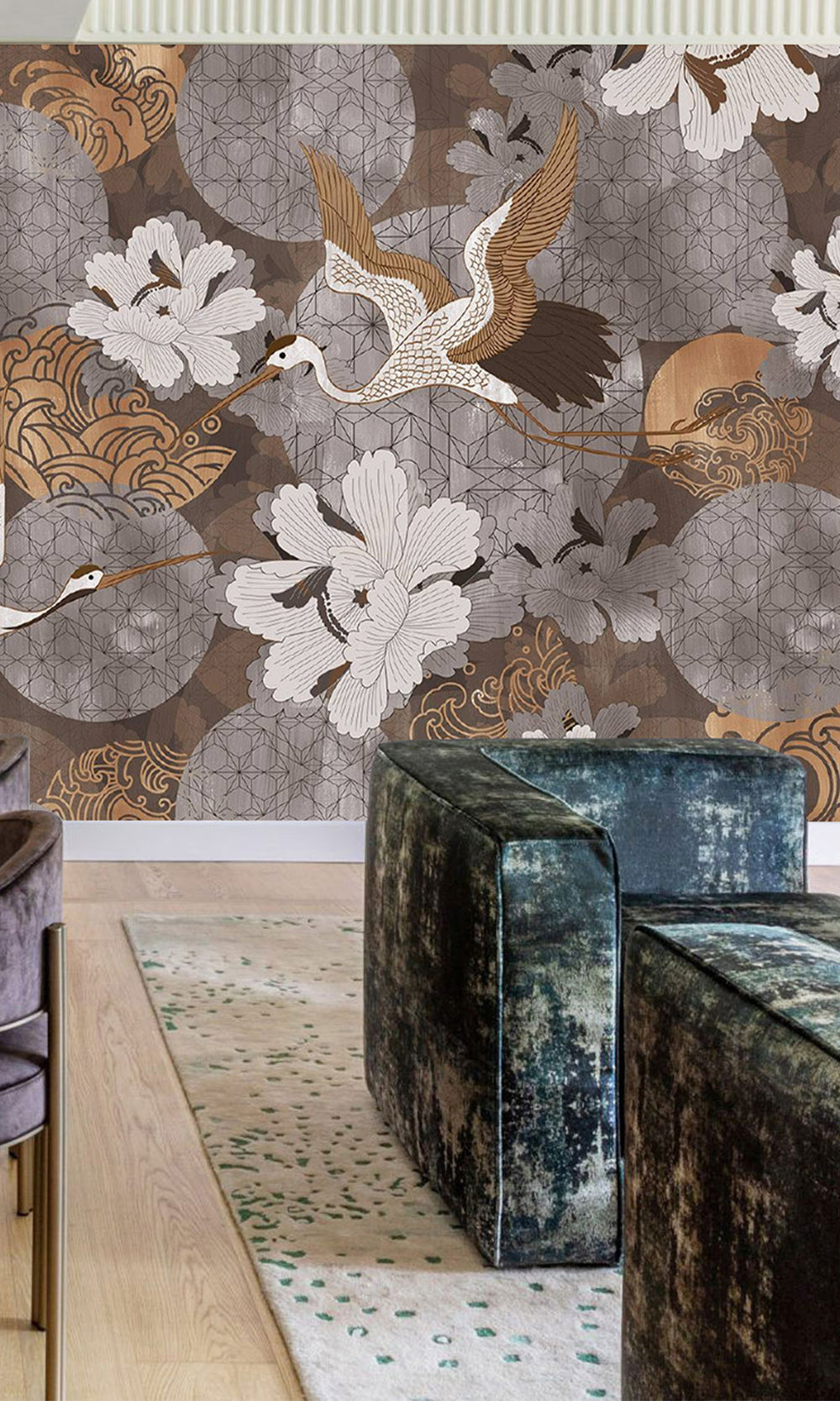 Gold Japanese Cranes in Flight  Murals M2645 - Sample
