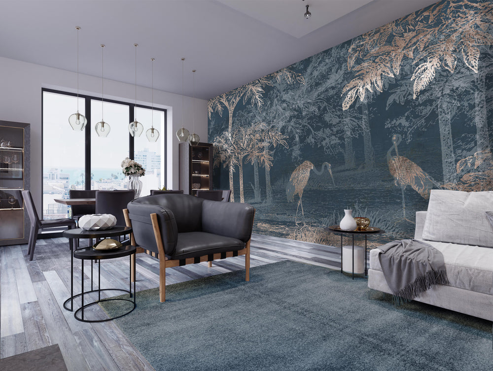 Metal Blue Pelicans and Trees Mural Wallpaper M1440