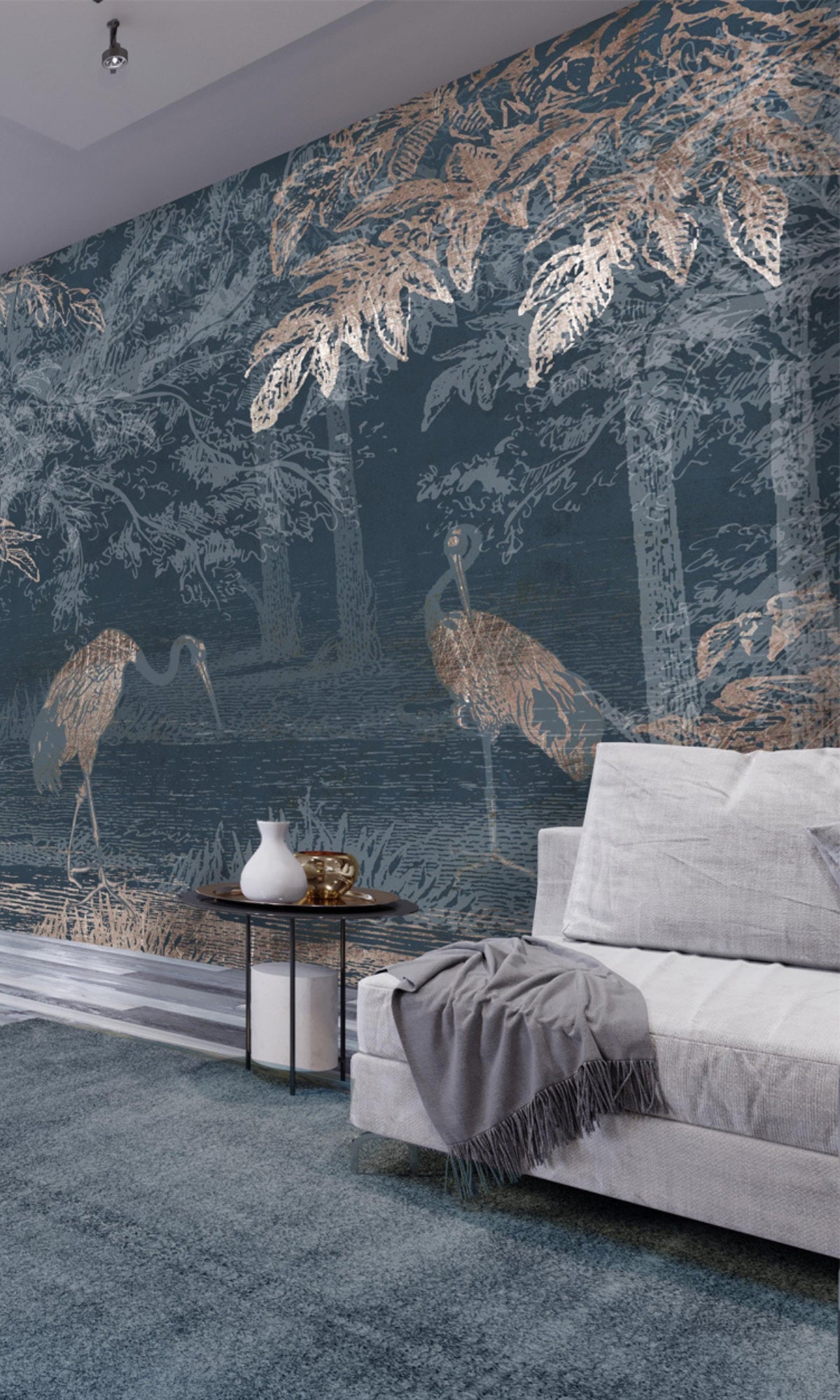 Metal Blue Pelicans and Trees Mural Wallpaper M1440