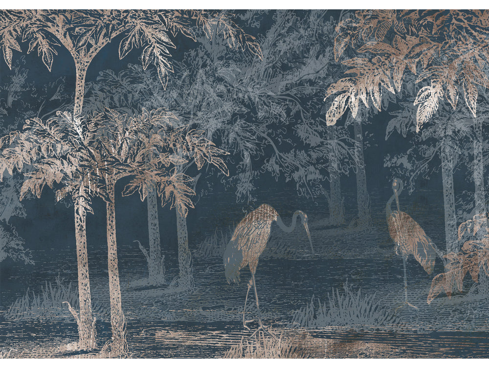 Metal Blue Pelicans and Trees Mural Wallpaper M1440