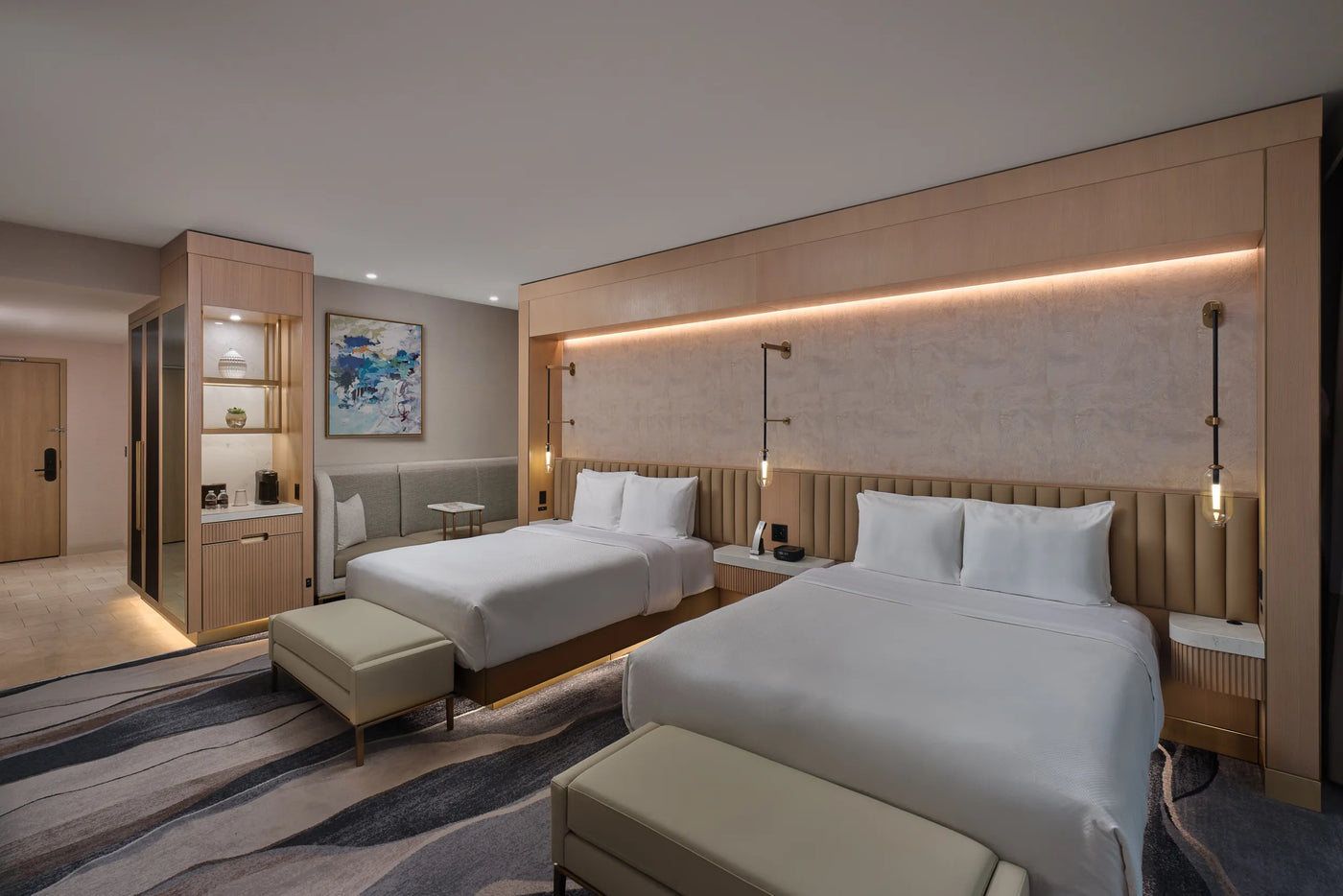 Custom wallcovering on hotel guest-room walls