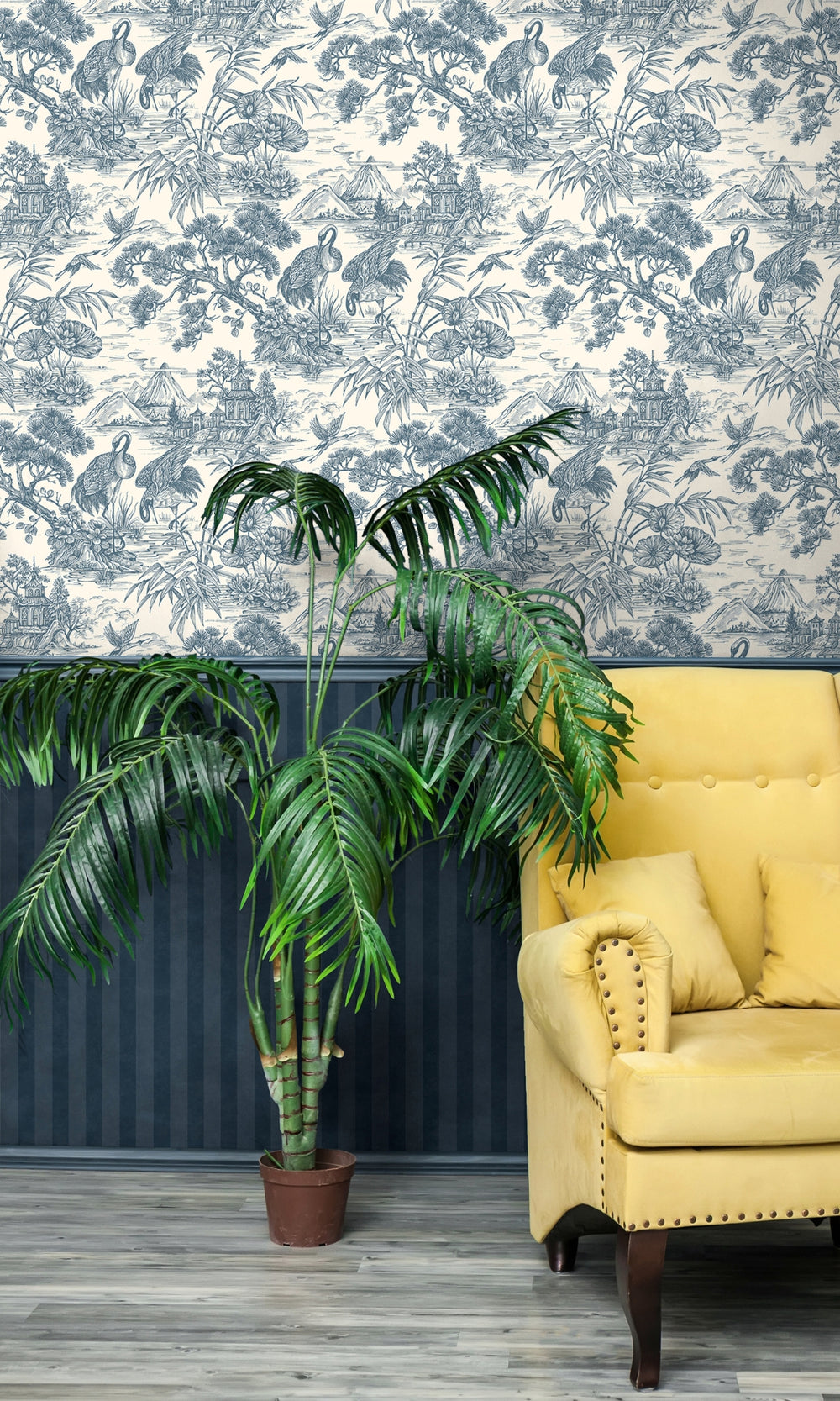 Navy Cream Majestic Crane Tropical Wallpaper R8973