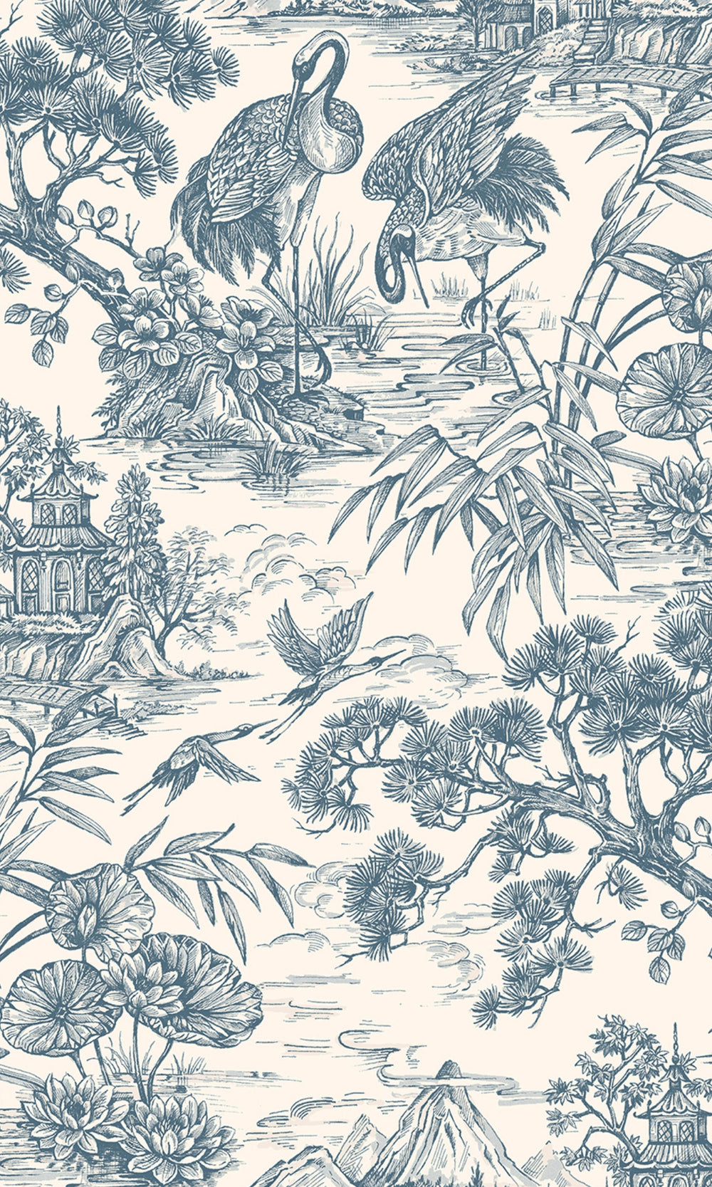 Navy Cream Majestic Crane Tropical Wallpaper R8973