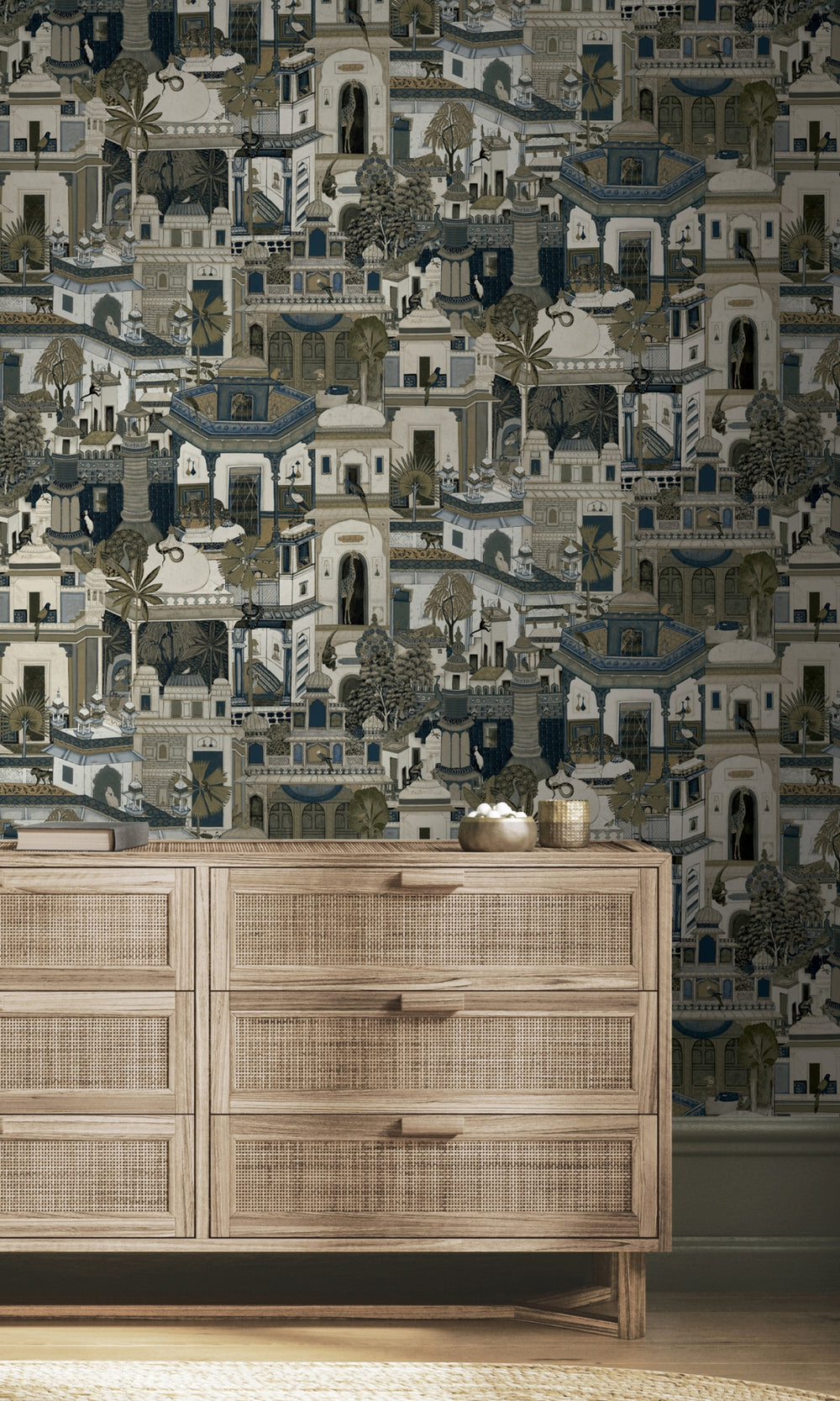 Navy Moroccan Inspired Architectural Design Wallpaper, flock wall paper, flock wallpaper, vintage flock wallpaper, contemporary flock wallpaper, modern flock wallpaper, flock wallpaper for homes, flock wall d‚àö¬©cor, flock wall covering
