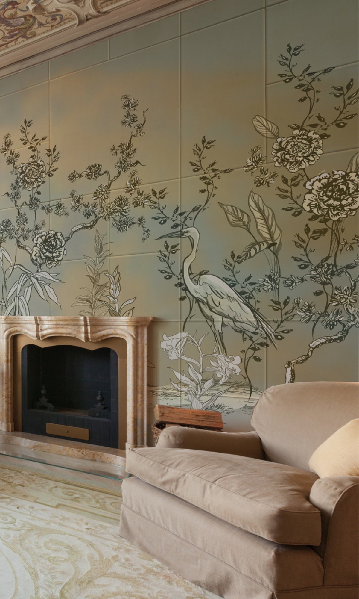 Neutral Chinoiserie Exotic Mural Wallpaper M1434