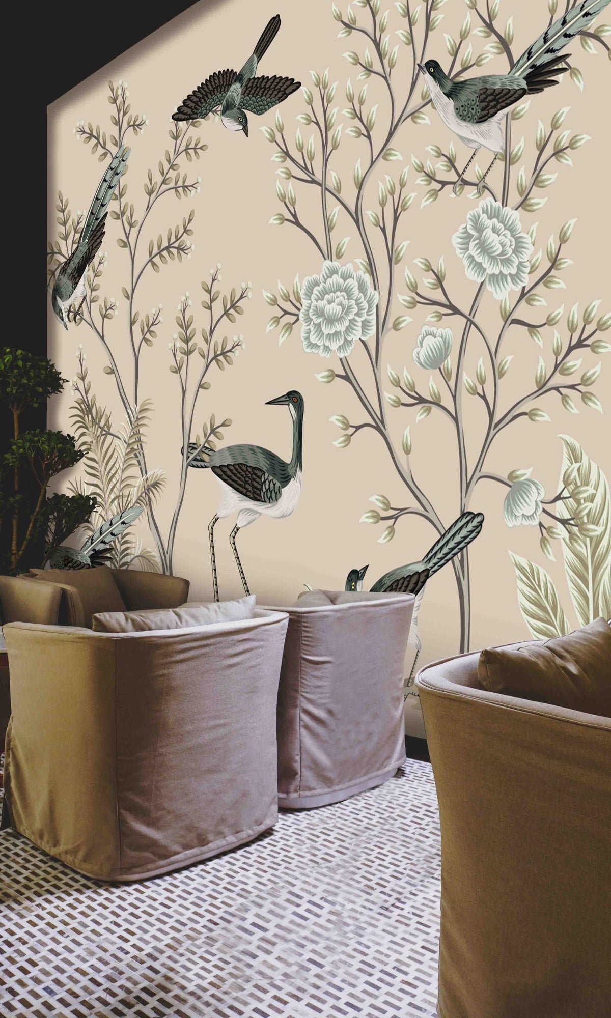 Neutral Exotic Chinoiserie Mural Wallpaper M1399