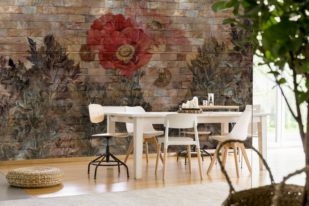 Neutral Floral Bricks Mural Wallpaper M1281