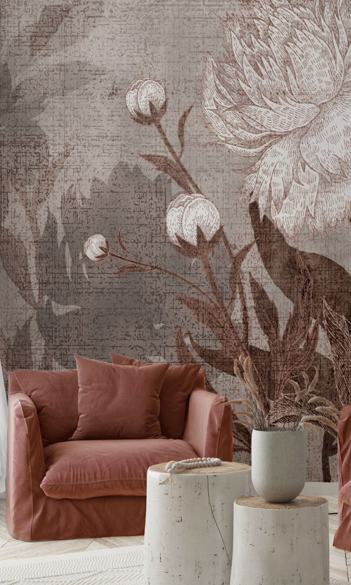 Neutral Floral Vintage Mural Wallpaper M1370-Sample