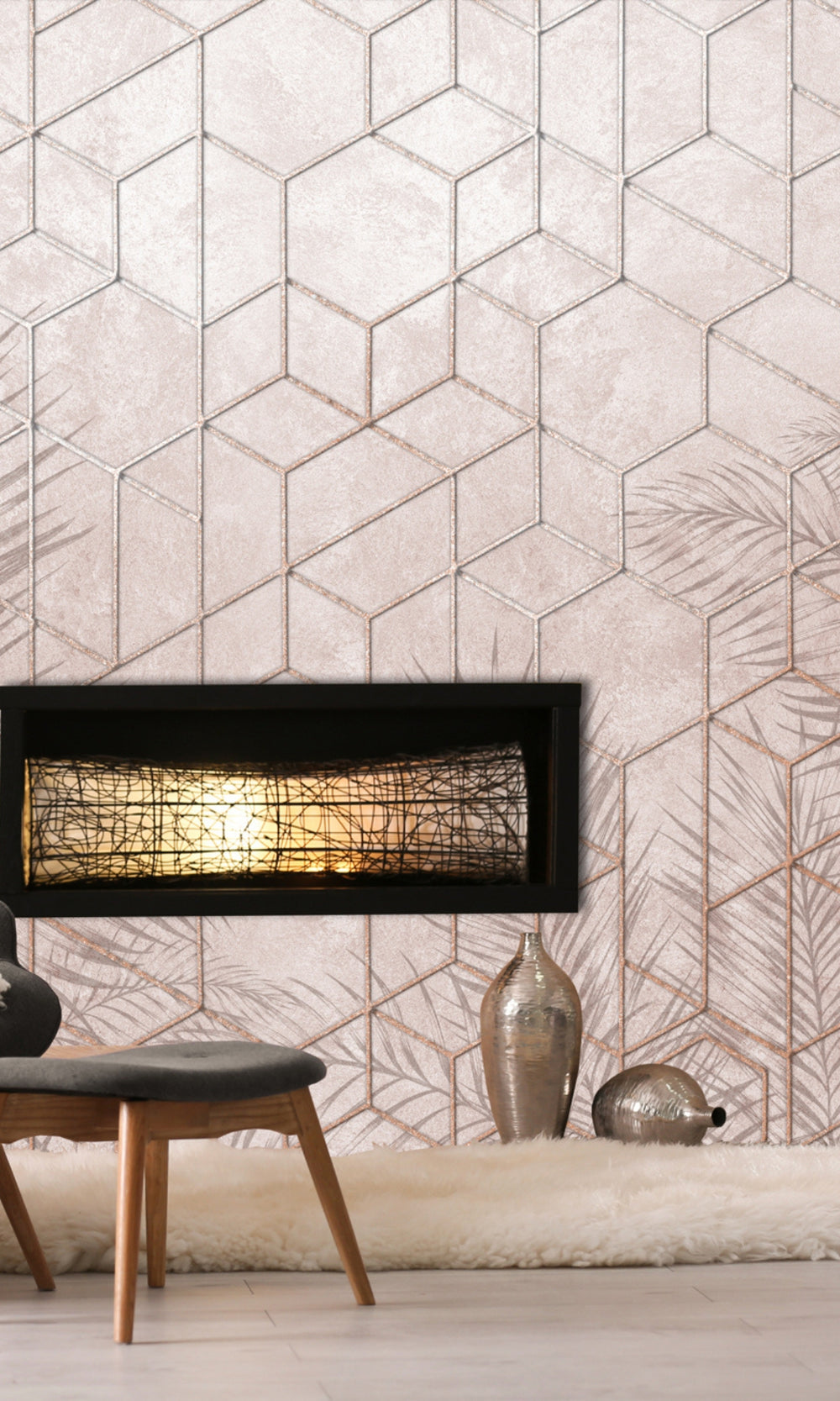 Neutral Geometric Abstraction of Hexagons with Tropical Leaves Mural Wallpaper M1306
