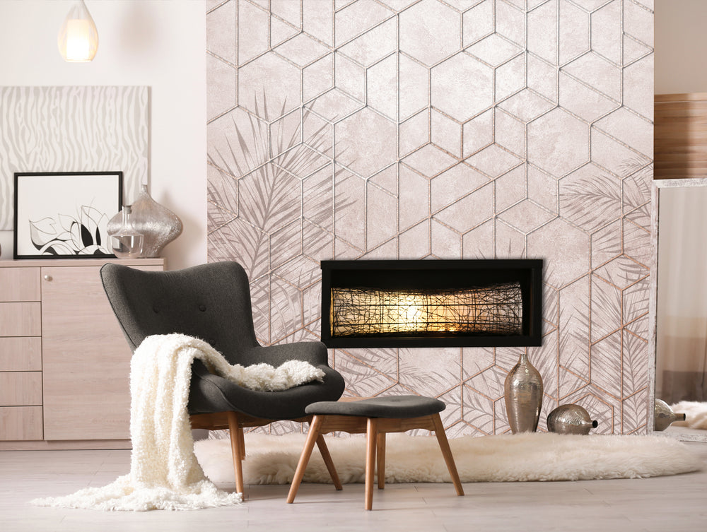 Neutral Geometric Abstraction of Hexagons with Tropical Leaves Mural Wallpaper M1306