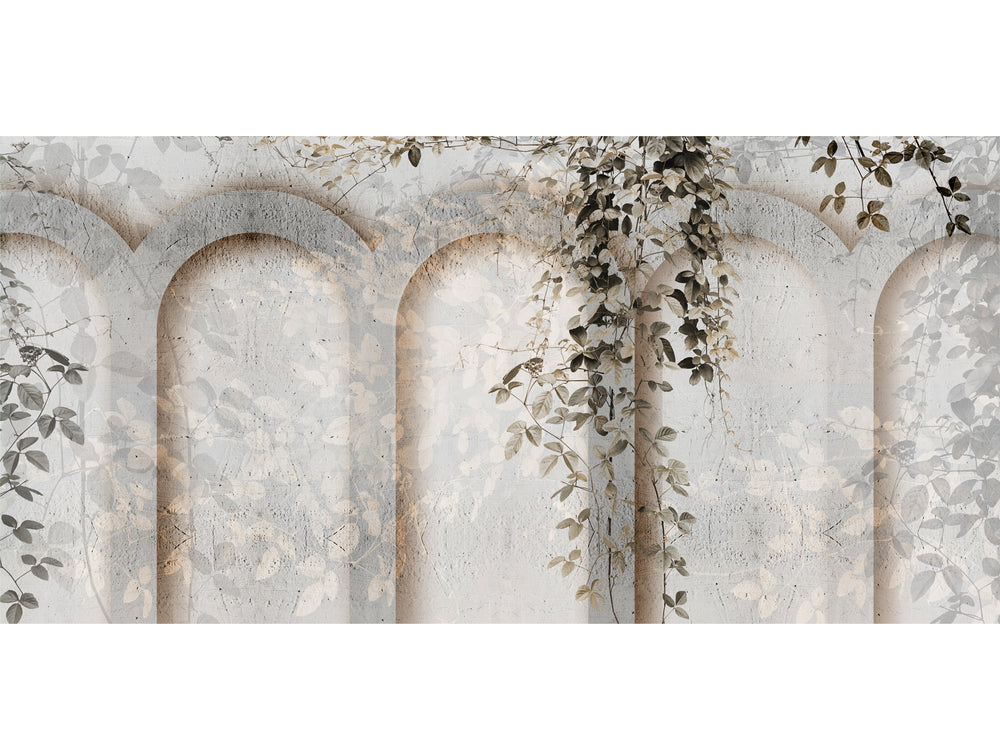 Neutral Green Old Cement Wall With Leaves Mural Wallpaper M1450