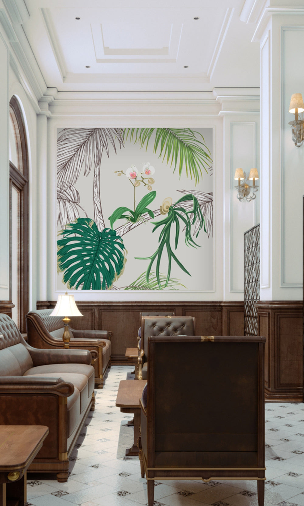 Neutral Green Old Cement Wall With Leaves Mural Wallpaper M1450-Sample