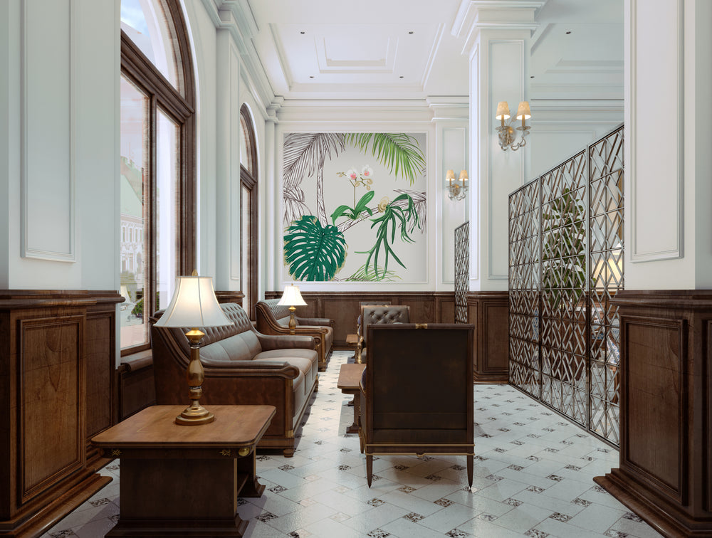 Neutral Green Old Cement Wall With Leaves Mural Wallpaper M1450