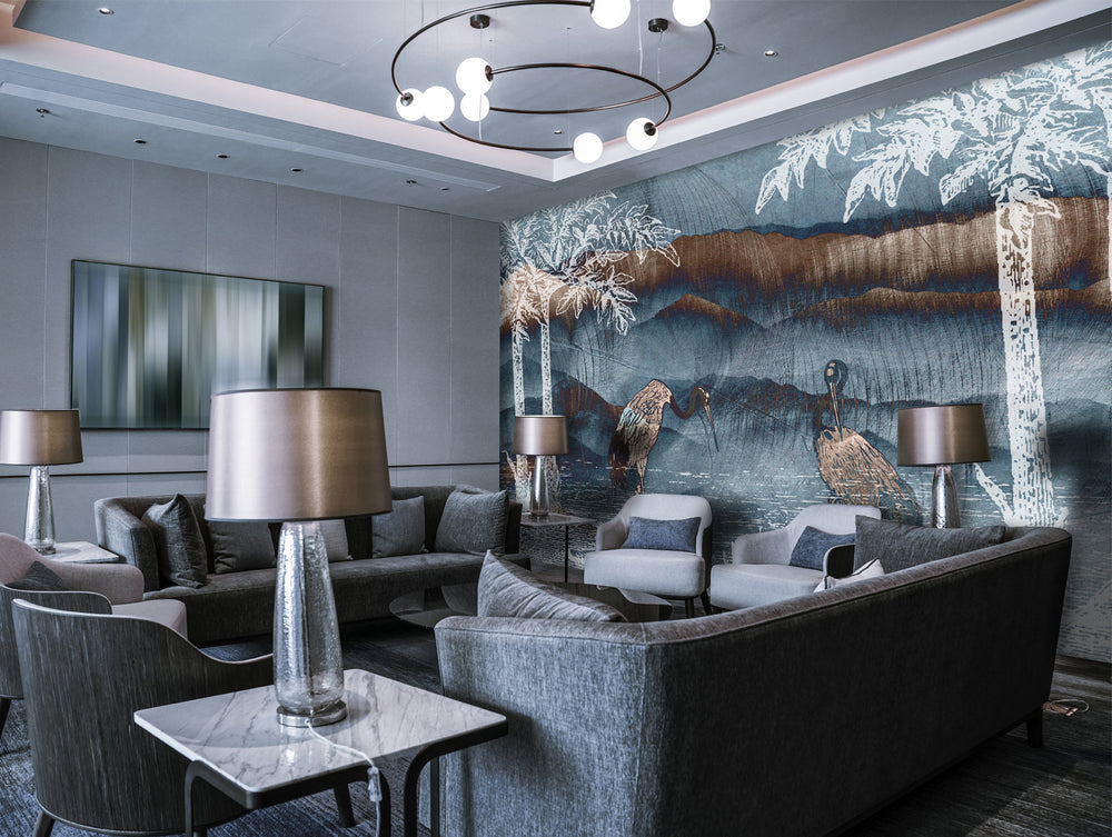 Neutral Mountains and Pelicans Mural Wallpaper M1439