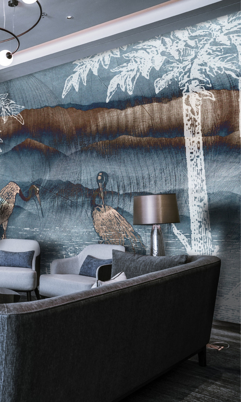 Neutral Mountains and Pelicans Mural Wallpaper M1439