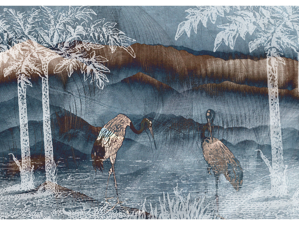 Neutral Mountains and Pelicans Mural Wallpaper M1439