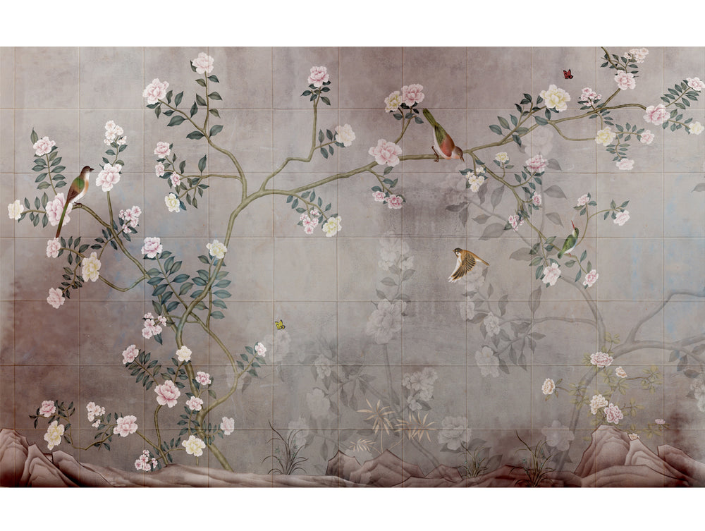 Neutral Tiles with Blooms Mural Wallpaper M1466