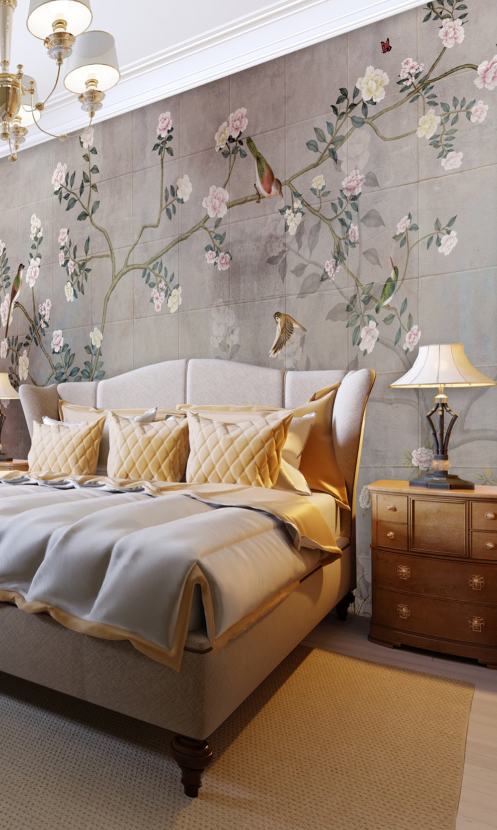 Neutral Tiles with Blooms Mural Wallpaper M1466-Sample