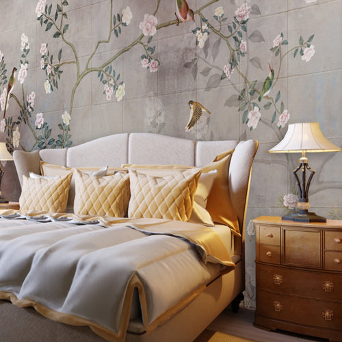 Neutral Tiles with Blooms Mural Wallpaper M1466