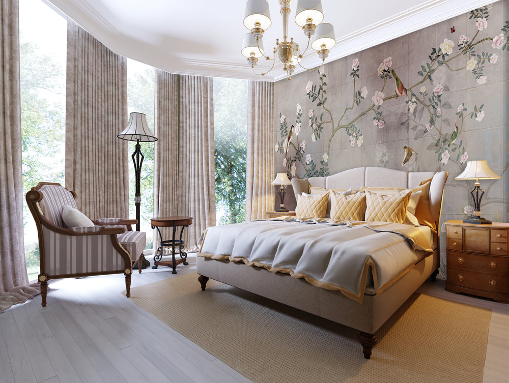 Neutral Tiles with Blooms Mural Wallpaper M1466