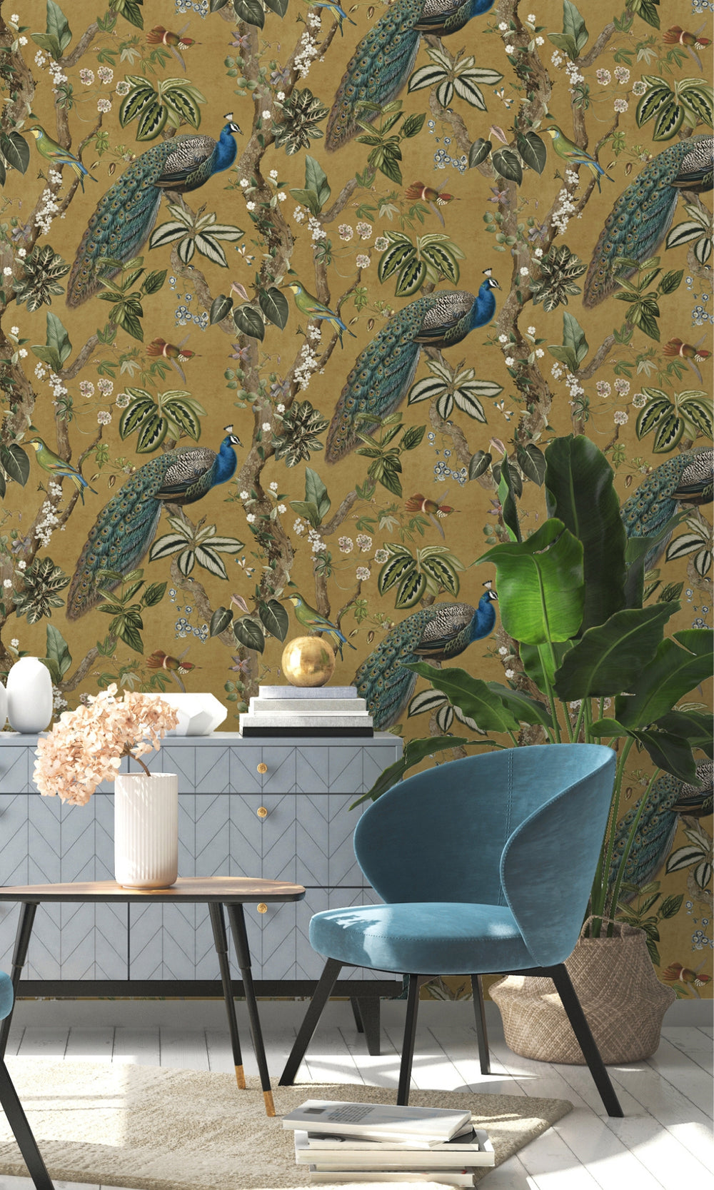 Ochre Climbing Peacock & Climbing Florals Tropical Wallpaper R8990