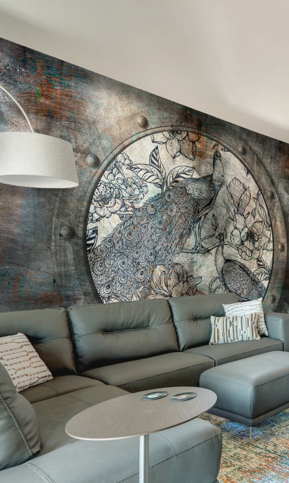 Peacock and flowers on Metal Mural Wallpaper M1430